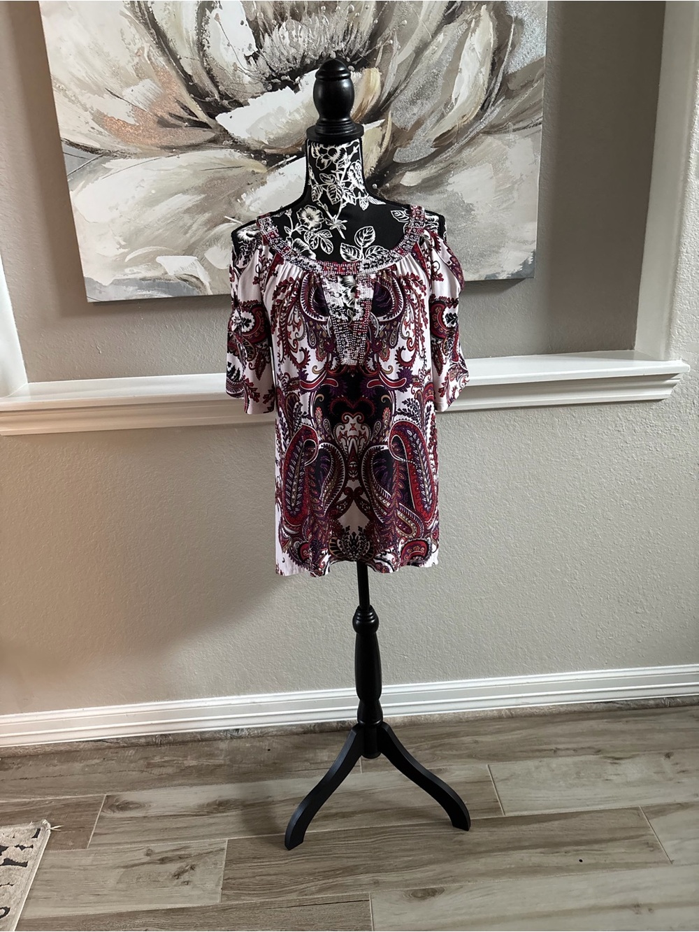 INC International Concepts Burgundy and White Paisley Cold-Shoulder Top